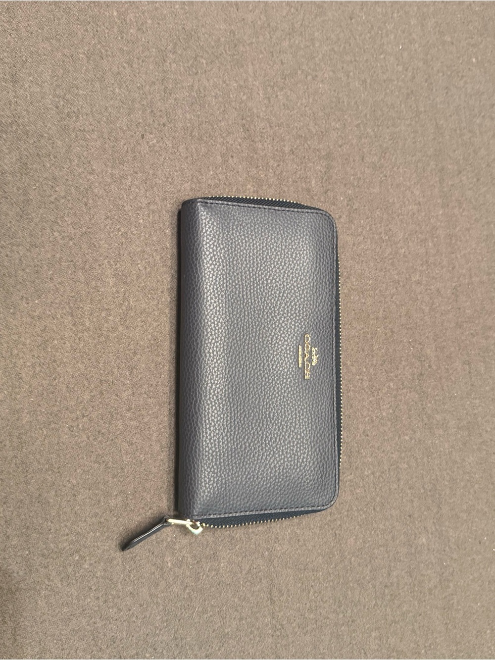 Coach Navy Pebbled Leather Zip Wallet with Gold Logo